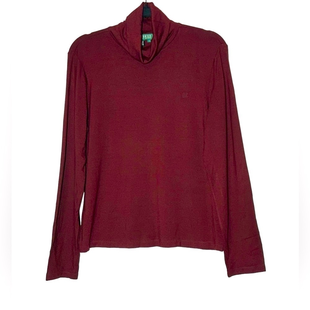 Lauren Ralph Lauren Burgundy Smooth Turtleneck Long Sleeve Top in Rayon, Large